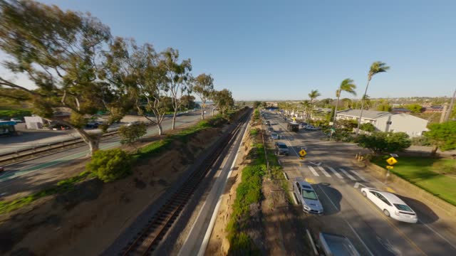 Low aerial view of a residential street, palm trees and homes at Leucadia.