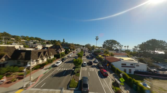 Low aerial view of the downtown streets, palm trees and homes in Del Mar.