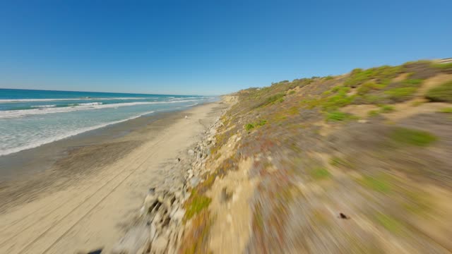 Low aerial view of the cliffs, the surf and the ocean at Torrey Pines.