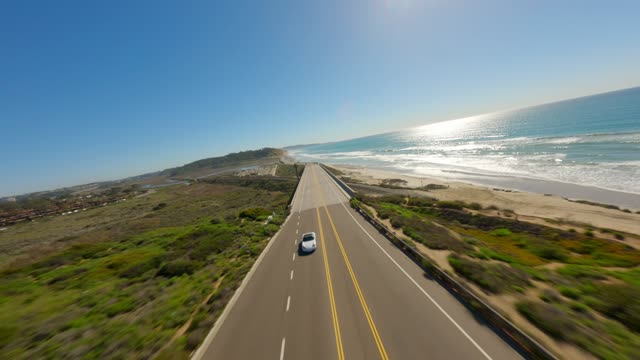 Low aerial view of the beach, the surf and the ocean at Torrey Pines.