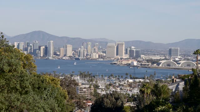 Elevated view of the downtown streets, the skyline and boats in Downtown San Diego.