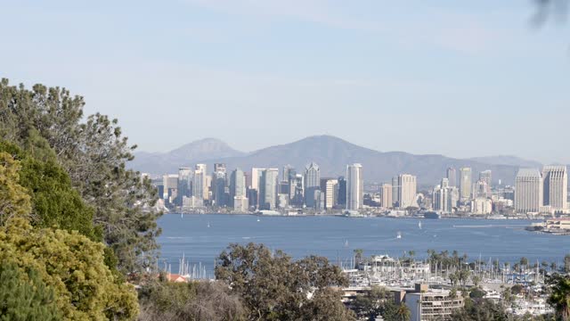 Elevated view of the downtown streets, the skyline and boats in Downtown San Diego.