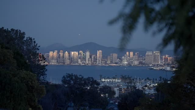 Elevated view of the downtown streets, the skyline and boats in Downtown San Diego.