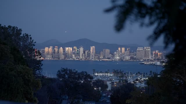 Elevated view of the harbor, the skyline and boats in Downtown San Diego.