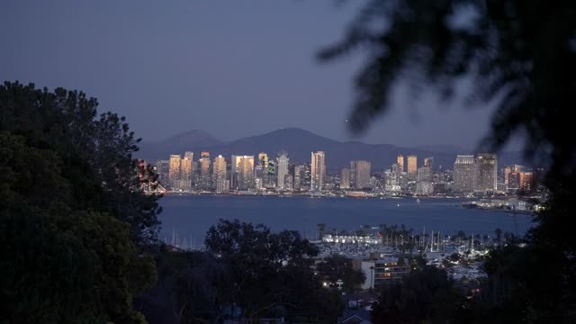 Elevated view of the harbor, the skyline and boats in Downtown San Diego.