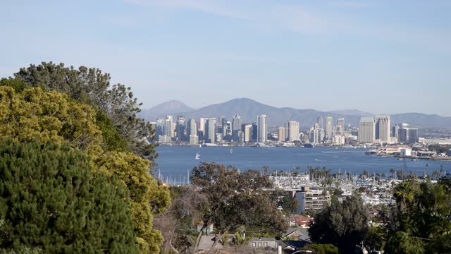 Elevated view of the downtown streets, the skyline and boats in Downtown San Diego.