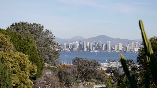 Elevated view of the harbor, the skyline and boats in Downtown San Diego, with boats out.