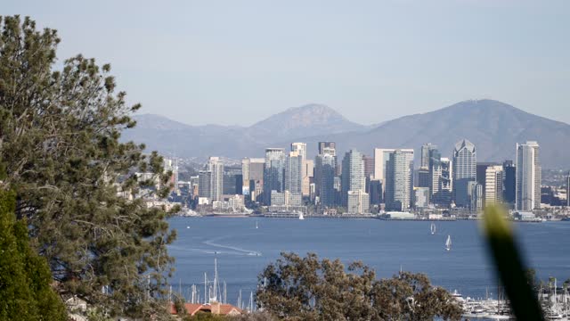 Elevated view of the harbor, the skyline and boats in Downtown San Diego.