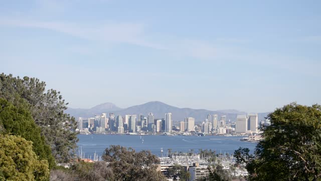 Elevated view of the downtown streets, the skyline and boats in Downtown San Diego.