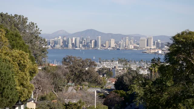 Elevated view of a residential street, the skyline and boats in Downtown San Diego.