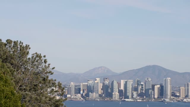 Elevated view of the downtown streets, the skyline and boats in Downtown San Diego.