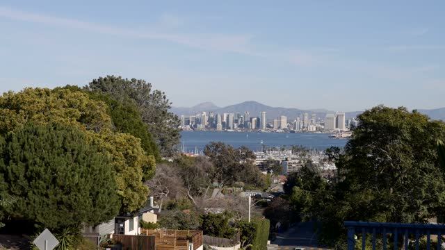 Elevated view of a residential street, the skyline and boats in Downtown San Diego.