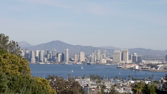Elevated view of the downtown streets, the skyline and boats in Downtown San Diego.