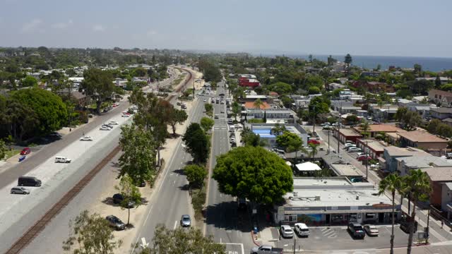Low aerial view of a residential street, palm trees and the ocean at Leucadia.