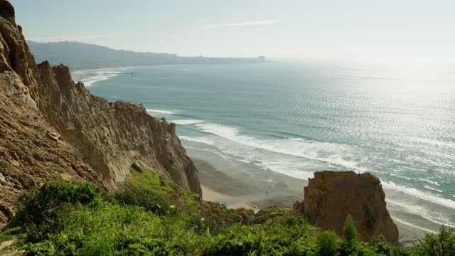 Elevated view of the cliffs, the pier and the ocean at Black’s Beach, with people walking.