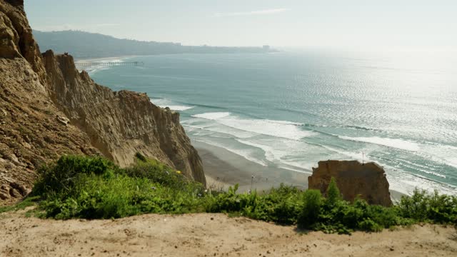 Elevated view of the cliffs, the pier and the ocean at Black’s Beach.