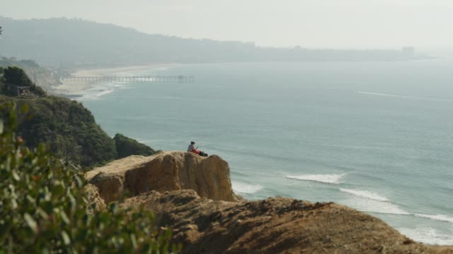 Elevated view of the cliffs, the pier and the ocean at Black’s Beach.