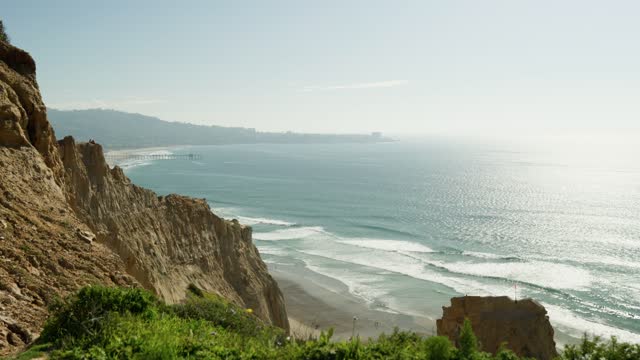 Elevated view of the cliffs, the surf and the pier at Black’s Beach.