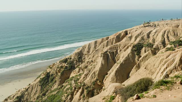 Elevated view of the cliffs, the surf and the ocean at Black’s Beach, with people walking.