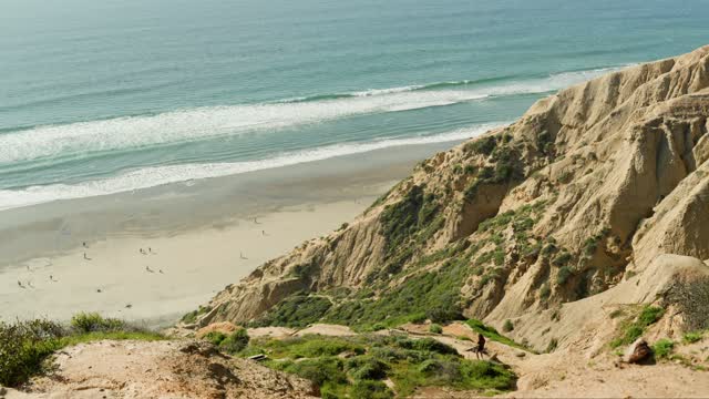 Elevated view of the cliffs, the surf and the ocean at Black’s Beach, with people walking.