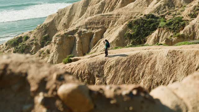 Elevated view of the cliffs, the ocean and the beach at Black’s Beach, with people walking.