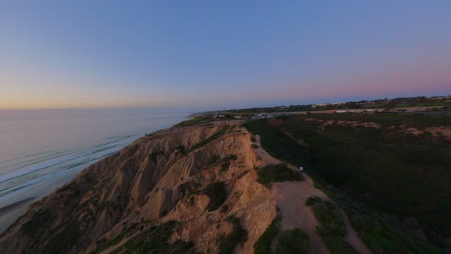 Aerial view of the cliffs, the ocean and the beach at Black’s Beach, with people walking.