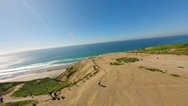 Aerial view of the cliffs, the surf and the ocean at Black’s Beach, with people walking.