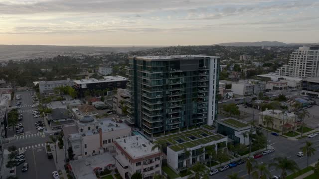 Aerial view of the downtown streets, palm trees and homes at Bankers Hill.