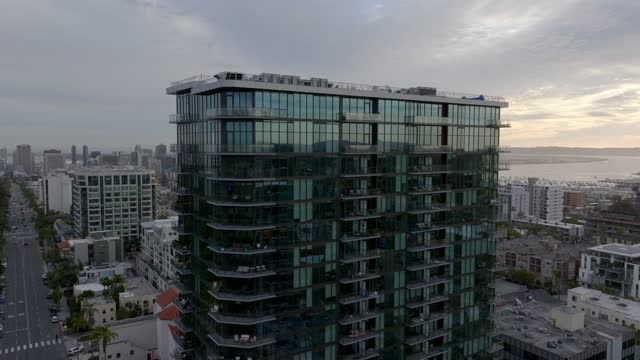 Aerial view of the downtown streets, the skyline and palm trees at Bankers Hill.