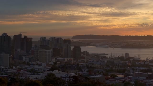 The downtown streets, the skyline and boats in Downtown San Diego.