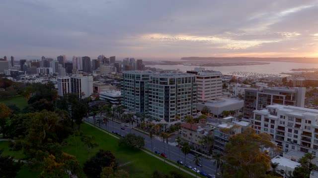 Aerial view of the downtown streets, the skyline and palm trees at Bankers Hill.