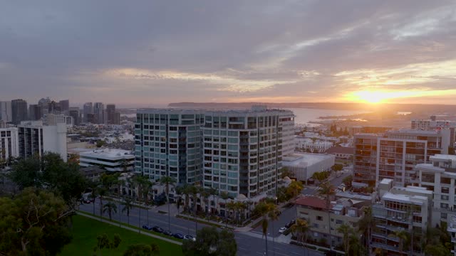 Aerial view of the downtown streets, the skyline and palm trees at Bankers Hill.
