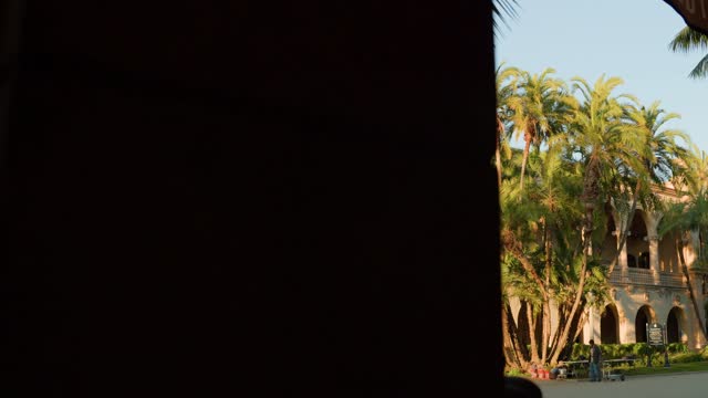A park, palm trees and the buildings in Balboa Park, with people walking.