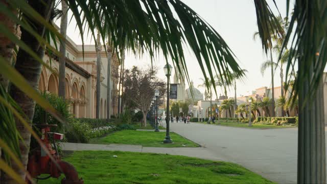 A park, palm trees and the buildings in Balboa Park, with people walking.