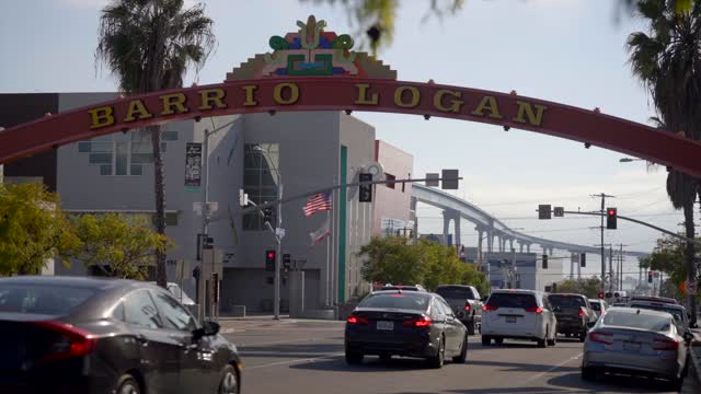 The downtown streets, the bridge and palm trees in Barrio Logan.