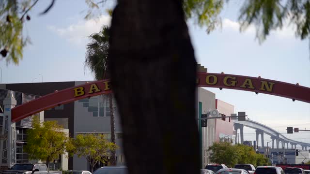 The downtown streets, the bridge and palm trees in Barrio Logan.