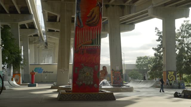 The downtown streets, the bridge and the skyline in Barrio Logan, with people walking.
