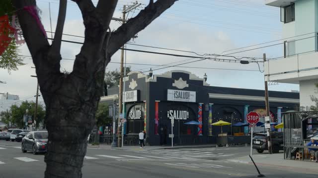 The downtown streets, the buildings and the city in Barrio Logan, with people walking.