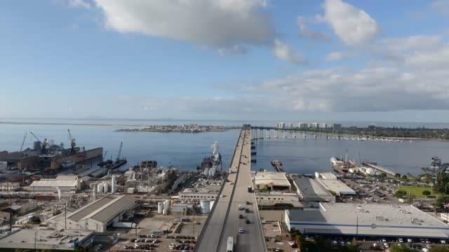 Aerial view of the harbor, the bridge and boats in Barrio Logan.