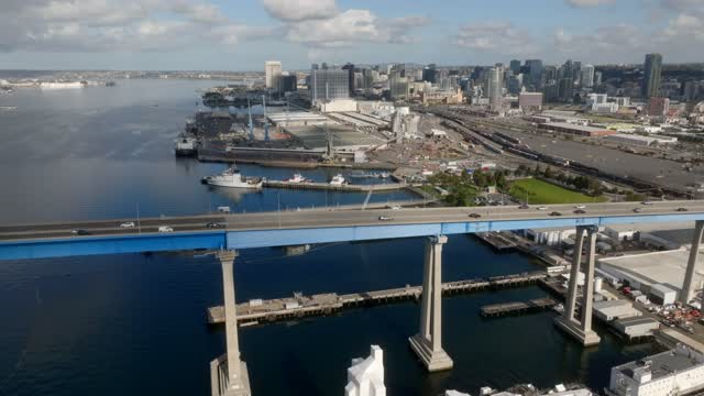 Aerial view of the harbor, the bridge and the skyline in Barrio Logan.