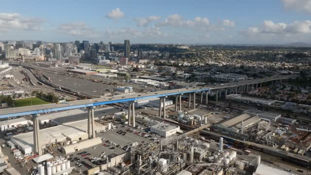 Aerial view of the downtown streets, the bridge and the skyline in Barrio Logan.
