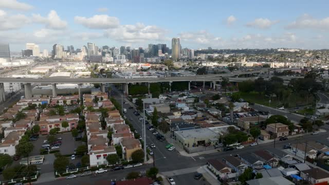 Aerial view of the downtown streets, the bridge and the skyline in Barrio Logan.