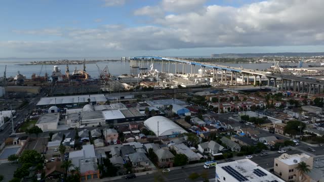 Aerial view of the harbor, the bridge and boats in Barrio Logan.