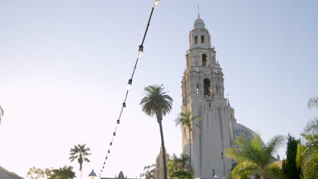 A park, palm trees and the buildings in Balboa Park.