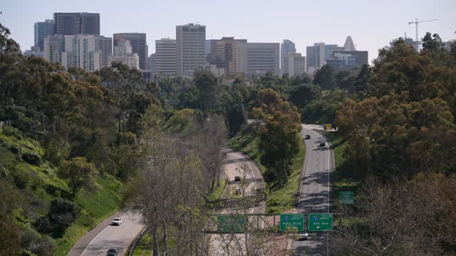 Elevated view of the downtown streets, the skyline and the buildings in Balboa Park.