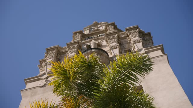 A park, palm trees and the buildings in Balboa Park.