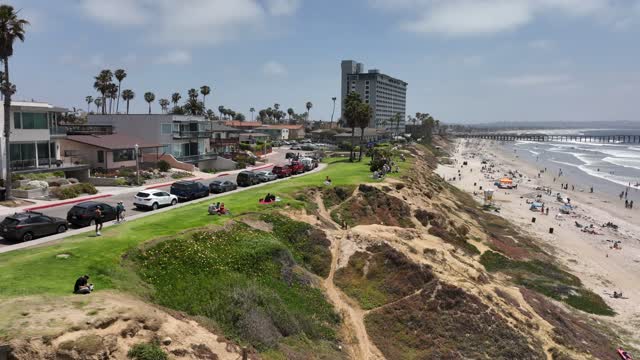 Palisades Park at Law Street Beach in Pacific Beach Coastline | Drone Video