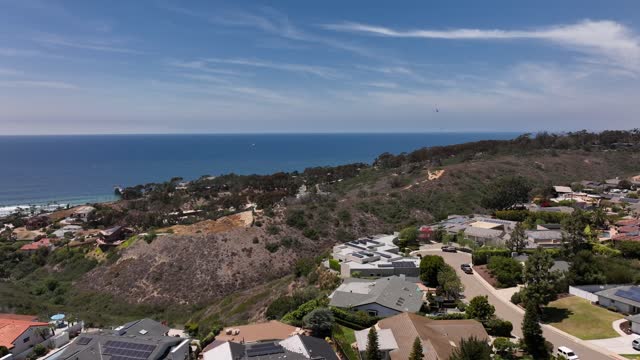 Aerial view of a residential street, the ocean and homes at Black’s Beach.