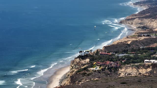 Aerial view of the cliffs, palm trees and the ocean at Black’s Beach.