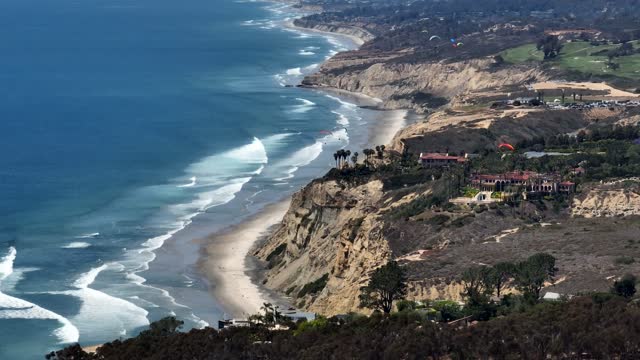 Aerial view of the cliffs, the surf and palm trees at Black’s Beach.